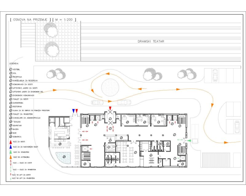 Hotel Plan Including Reception, Restaurant, Pool & Bar