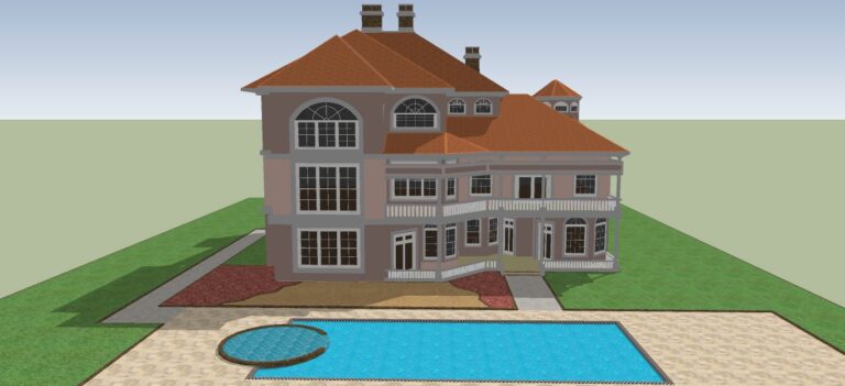 3D model of a three story modern villa featuring a swimming pool, garage, and entrance fountain.