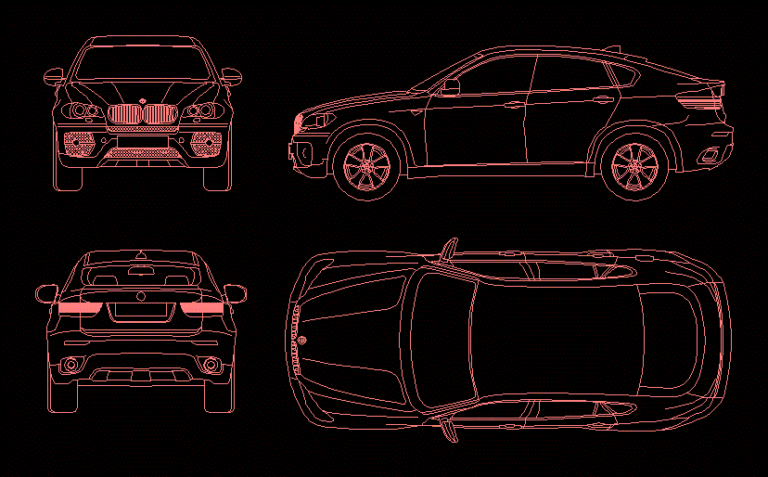 2D CAD vector drawing of a BMW X6 showing front, side, rear, and top views in thin pink lines.