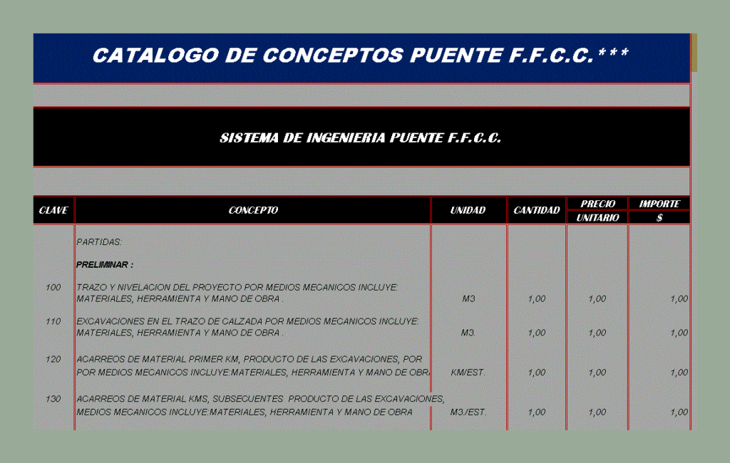 Catalog Mexico Railway Bridge Work XLS Excel Spreadsheet
