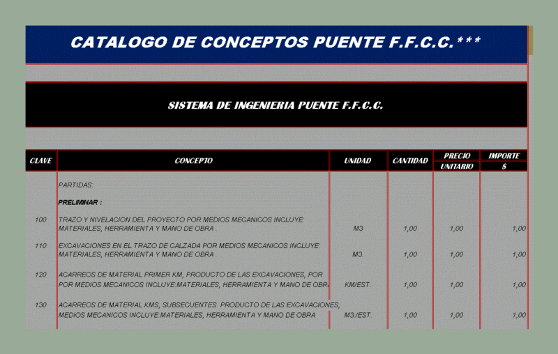 Catalog Mexico Railway Bridge Work XLS Excel Spreadsheet