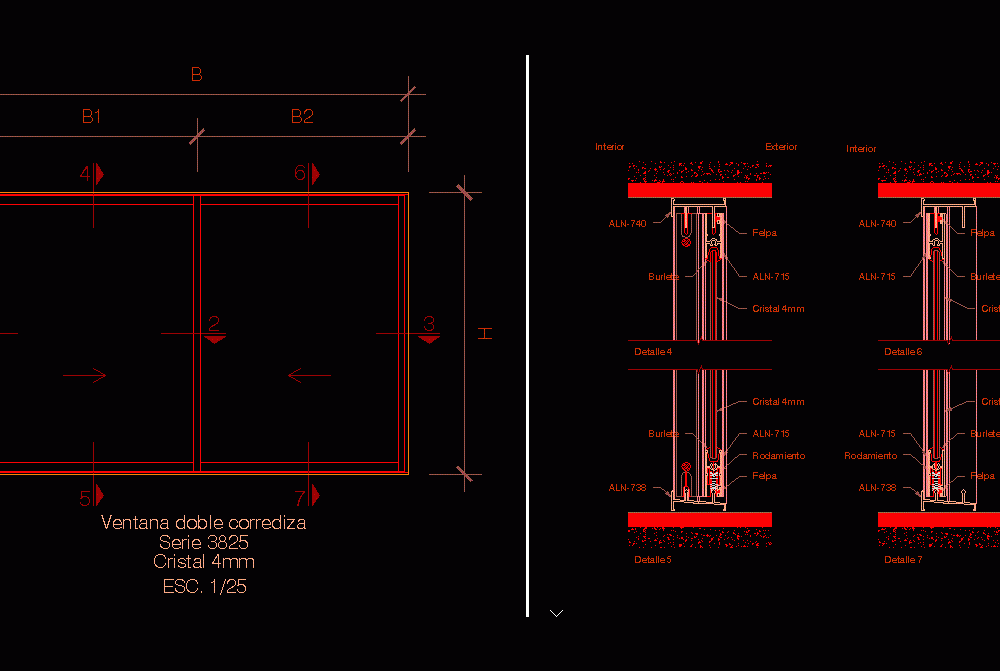 Double Sliding Window Series 3825 DWG Detail for AutoCAD • Designs CAD