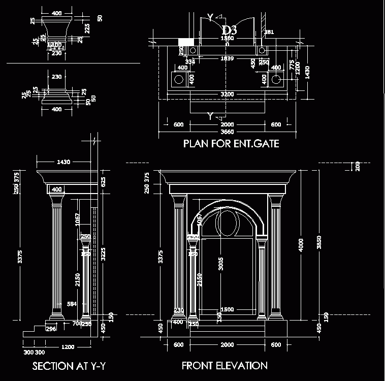 Formal Entrance With Columns And Canopy Moldings --- India DWG Block