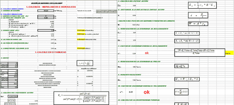 Excel sheet showing formulas and input fields for gabion mattress hydraulic and stability calculations.