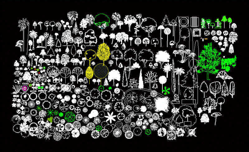 Trees, Shrubs and House Plants Silhouette 2D DWG Block for AutoCAD