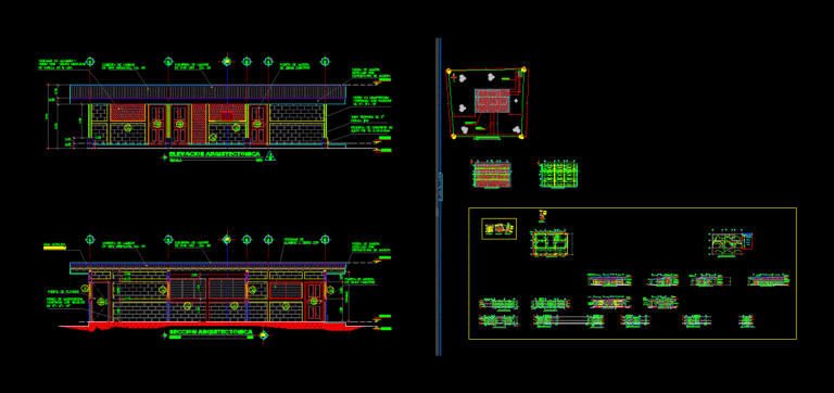 Architectural elevation and section drawings of a small masonry health post with zinc roofing and structural details.