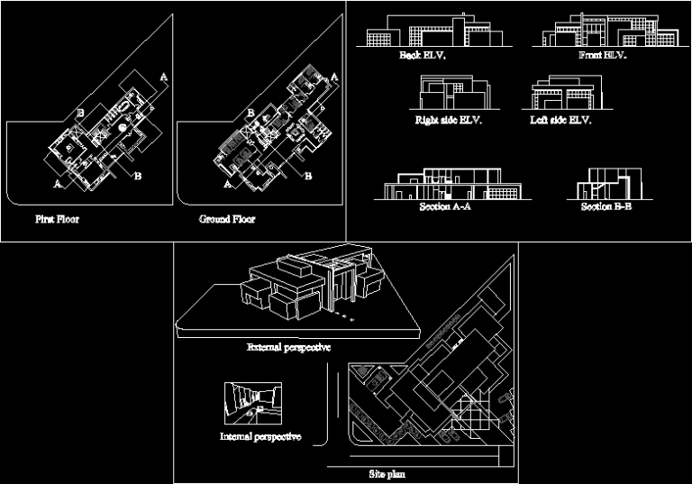 CAD sheet showing floor plans, site plan, elevations, and 3D perspectives for a modern medical center building.