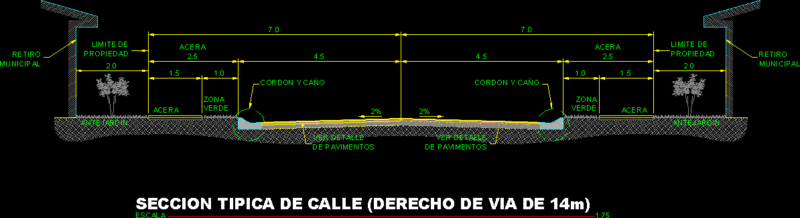 Road Cross Section, Typical Right Of Way 14 M, 46 Ft DWG Section for AutoCAD