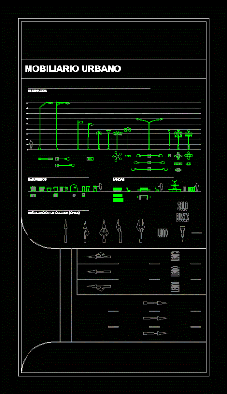 Urban Street Objects including Street Lamps, Benches, Garbage Bins & Road Signs 2D DWG Blocks