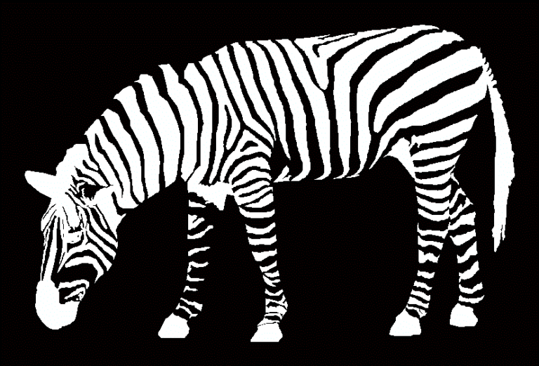 2D CAD drawing of a grazing zebra with solid hatch fill in side view.