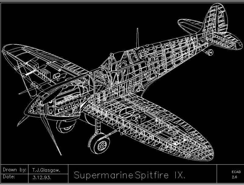 Single-Seat Fighter Aircraft Supermarine Spitfire IX Isometric 2D DWG Block For AutoCAD