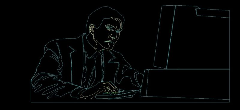 Man Sitting At A Desk With Computer Human Figure Side View Elevation 2D DWG Block For AutoCAD