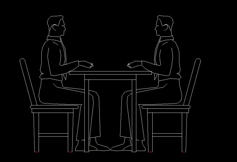 2 Men Sitting At A Table Speaking Human Figure Side View Elevation 2D DWG Block For AutoCAD