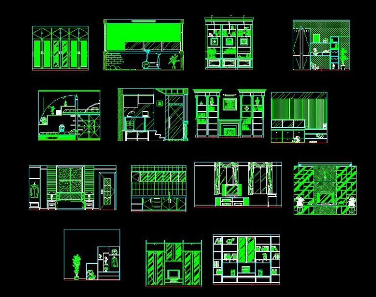 Cabinets For Living Room Study And Kitchen Front Elevation 2D DWG Block