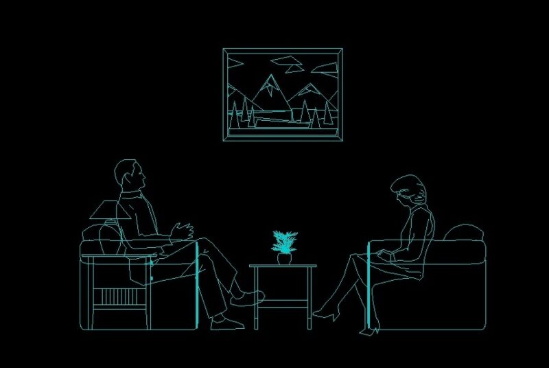 Man And Woman Sitting Speaking Human Figure Side View Elevation 2D DWG Block For AutoCAD