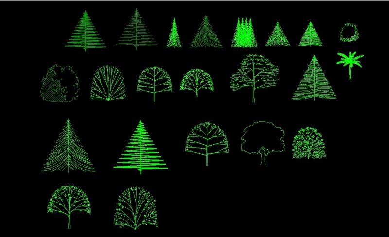 Trees Pine Christmas Arboles And Shrubs Front View Elevation 2D DWG Block For AutoCAD