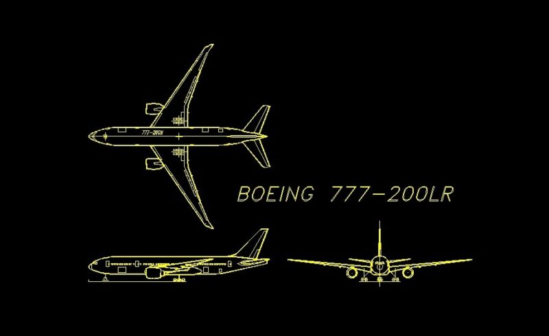 Boeing 777-200LR Top Front And Side Views Elevations 2D DWG Block For AutoCAD