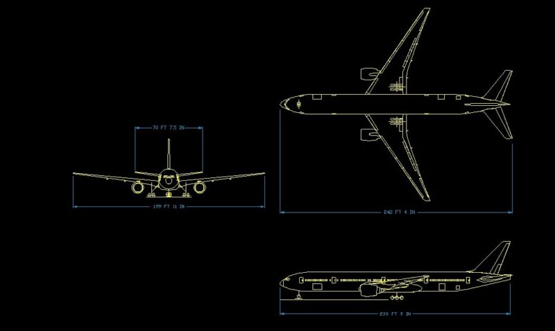 Boeing 777-3-3V Top Front And Side Views Elevations 2D DWG Block For AutoCAD