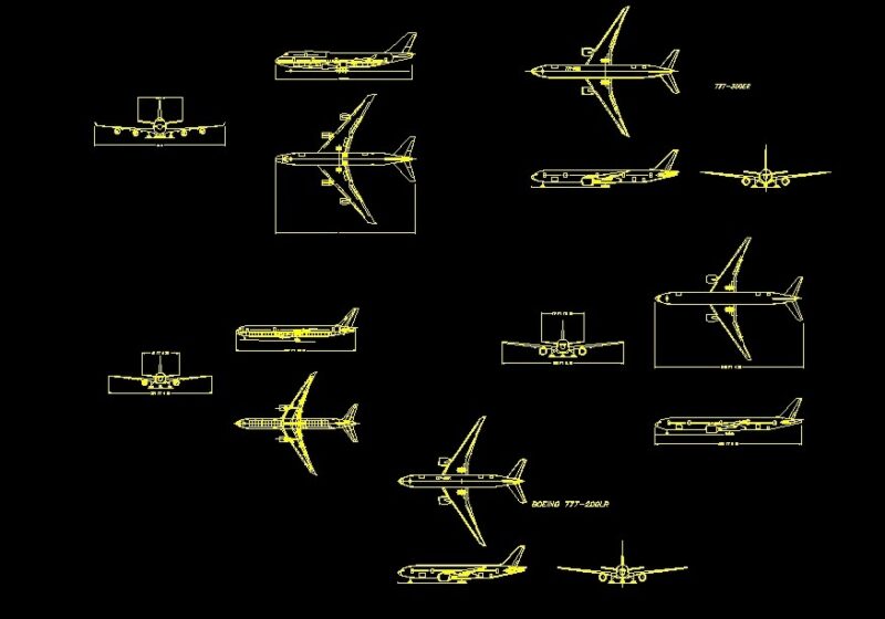 Boeing 747, 777, 767 Top Front And Side Views Elevations 2D DWG Block For AutoCAD