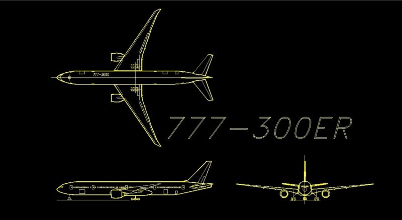 Boeing 777-300ER Aeroplane Top View Plan Elevation Front And Side Views 2D DWG Block For AutoCAD