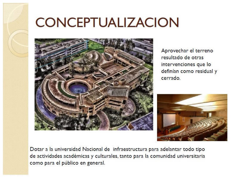 Conceptual rendering of the circular Rogelio Salmona Postgraduate Building and a view of its interior auditorium.