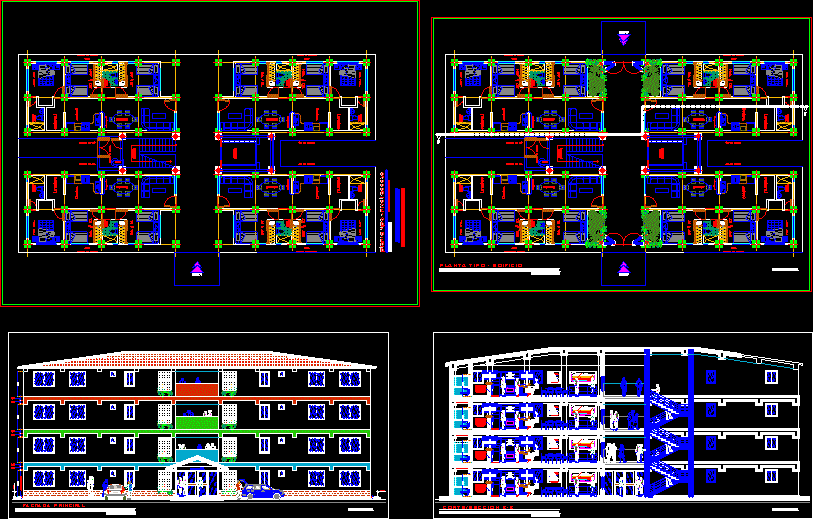 Apartment Building, 4 Storeys, 4 Units Per Floor DWG Plan for AutoCAD