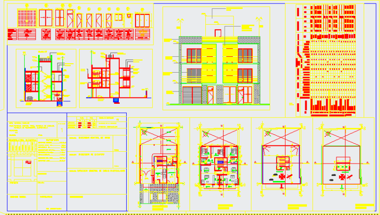 CAD sheet showing apartment building floor plans, front elevation, cross-sections, and a door and window schedule.