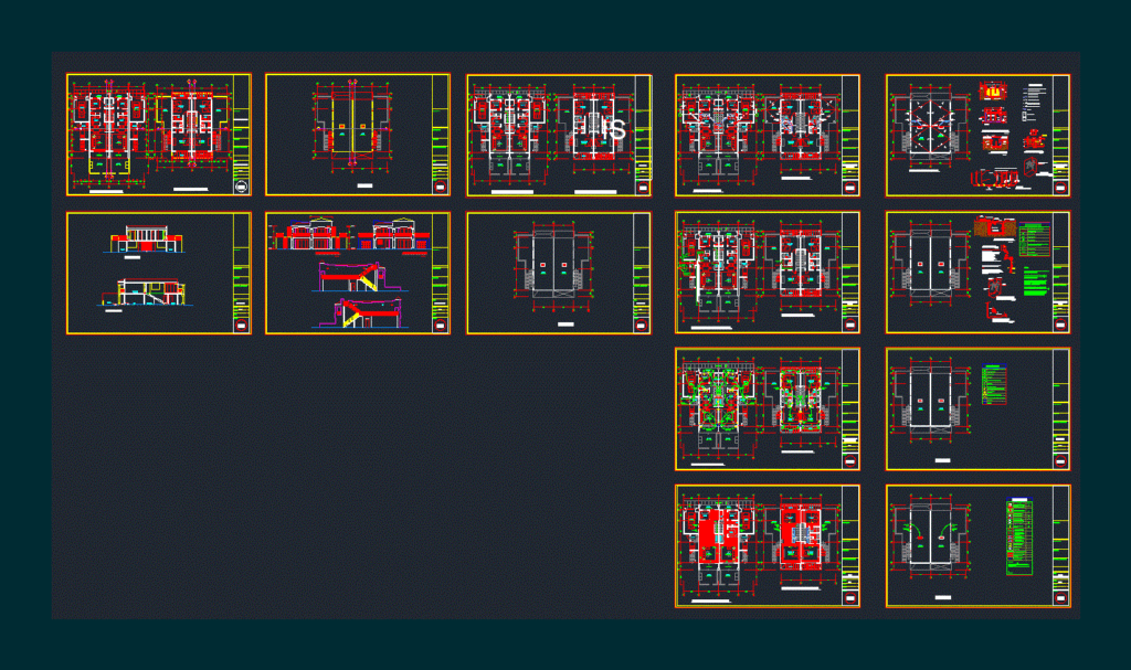 CAD sheet set for a two-story beach house showing floor plans, elevations, sections, and technical MEP details.