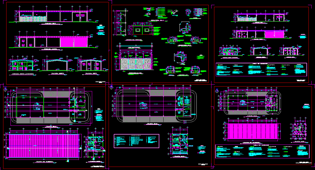 Architectural floor plans and elevations for a two-story fire station including truck bays and living quarters.