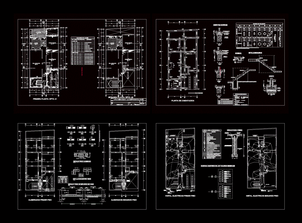 Four CAD sheets showing floor plans, foundation details, slab reinforcement, and electrical installations for a house.