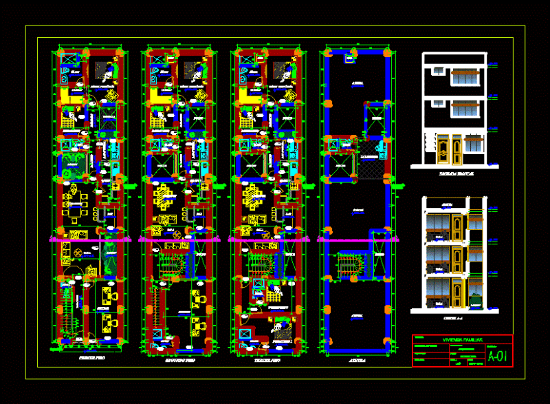 Family Home 3 Levels DWG Plan for AutoCAD