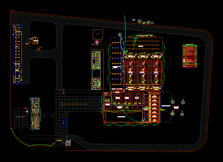 Technical CAD drawing showing an industrial site plan with electrical wiring layouts, legends, and processing zones.