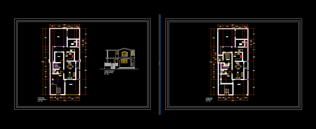 CAD drawings showing side-by-side existing and proposed ground floor architectural plans and a front house elevation.