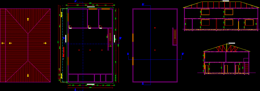 CAD drawing showing floor plans, sections, and a hipped roof plan for a two-story building.