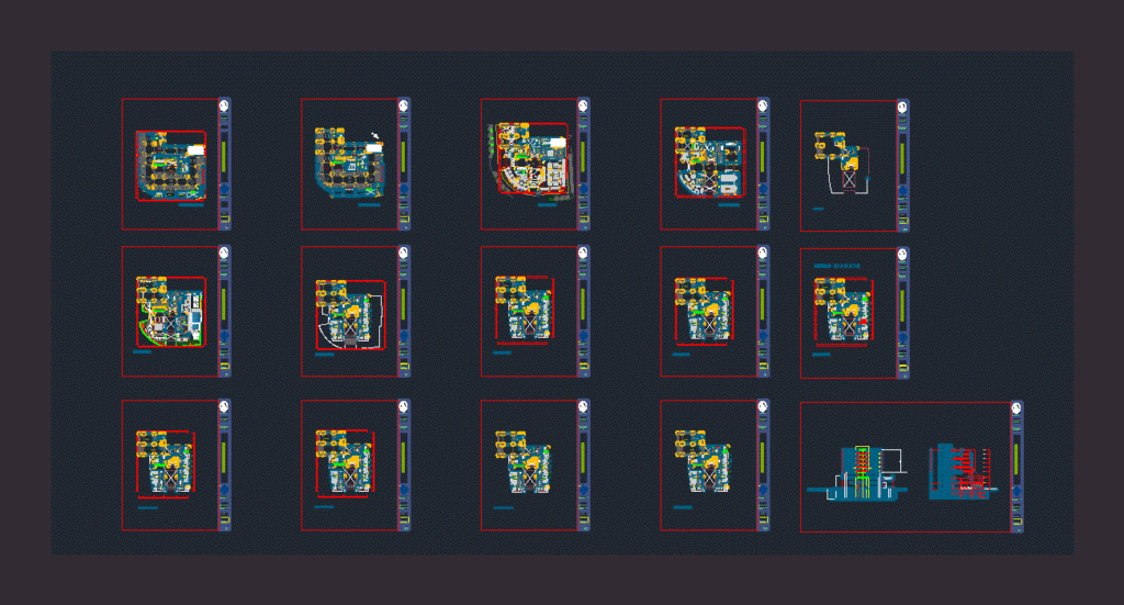 Sheet layout of architectural drawings for a multi-story hotel showing plans, sections, and elevations.