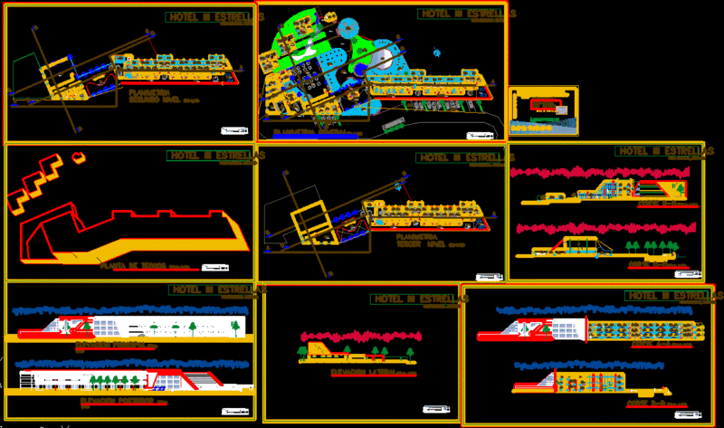 3-Star Hotel Architectural Project: Plans, Sections, and Elevations