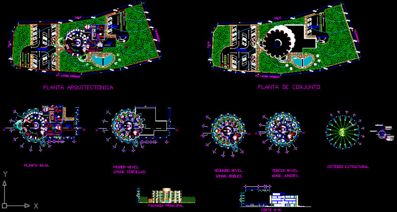 Four Stars Hotel With A Circular Structure 2D DWG Design Section for AutoCAD