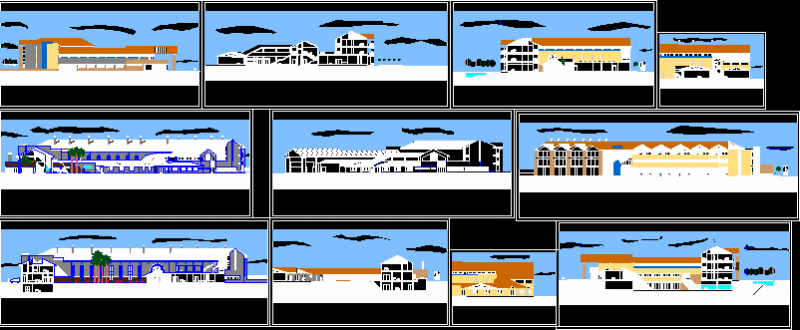 Three-Levels Hotel With Facades 2D DWG Design Elevation for AutoCAD