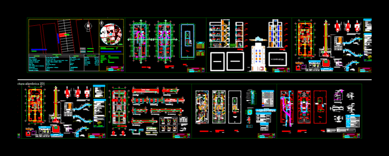 2D CAD sheets for a multi-level residential building including plans, sections, elevations, and structural details.