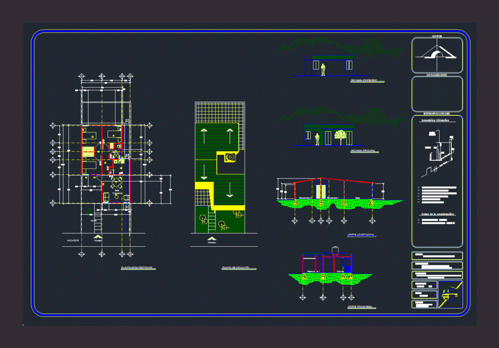 Architectural CAD sheet with floor plan, front and rear elevations, sections, and hydraulic isometric piping diagram.