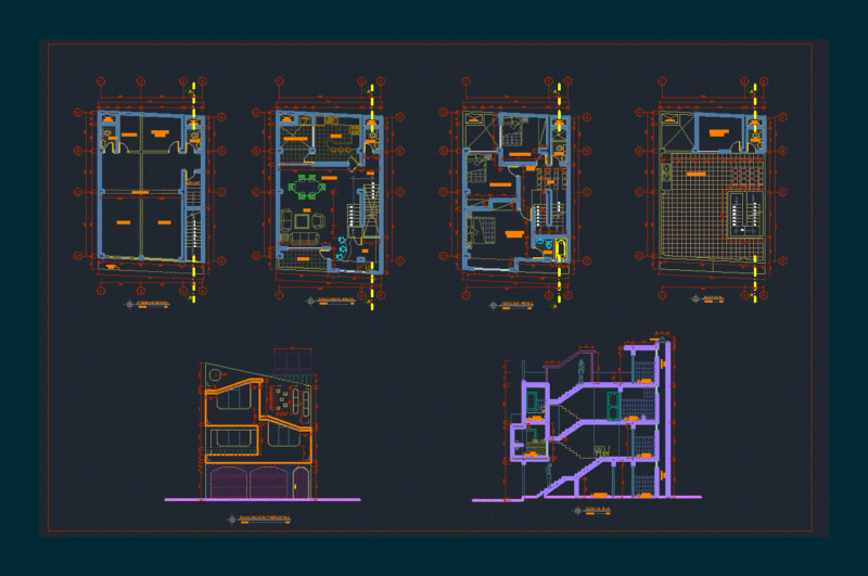 House Three Floors DWG Plan for AutoCAD