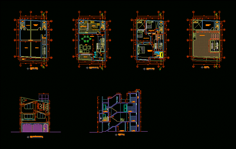 Houses 3 Levels DWG Section for AutoCAD