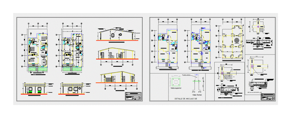 CAD drawing showing house floor plans, elevations, plumbing layouts, and structural foundation details.