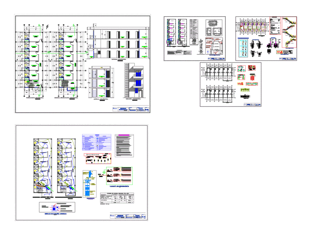 Architectural and engineering plans for a three-story housing project on a narrow lot including MEP and floor plans.