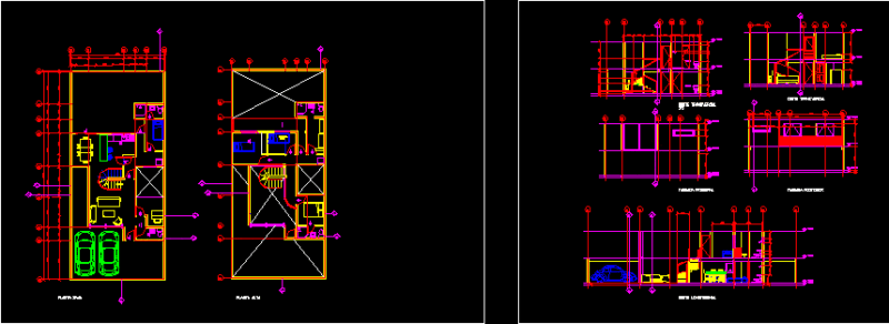 Two-Level 3-Bedroom House Floor Plans, Sections, and Elevations