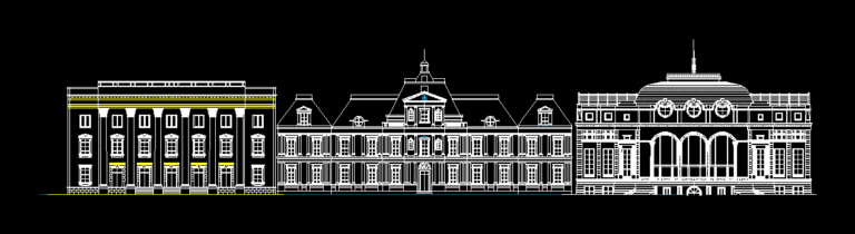 2D CAD elevations showing a neoclassical mansion, a mansard-roofed manor, and a grand theater building facade.
