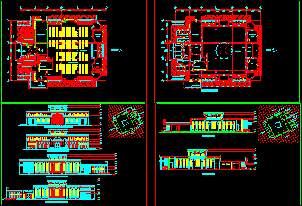 Mosque Floor Plans; Elevation And Section DWG Plan for AutoCAD