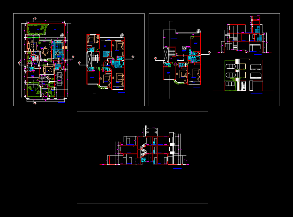 AutoCAD drawing featuring 3-story floor plans, sections, and a front elevation of a multifamily house.
