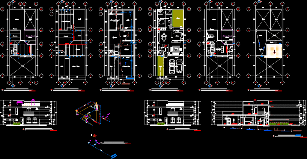 One Family Housing, Small Urban Lot 8×20 DWG Full Project for AutoCAD