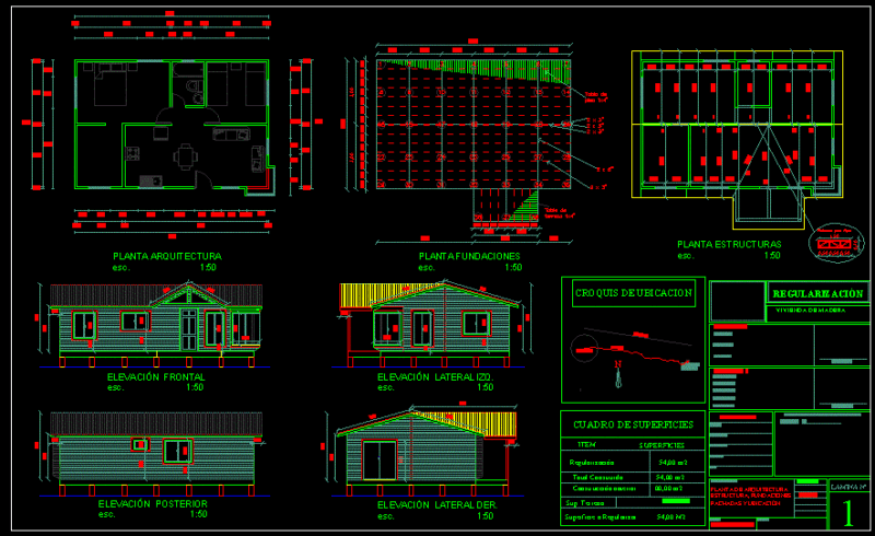 One Family Housing, Wood Construction, 54 M2 DWG Block for AutoCAD